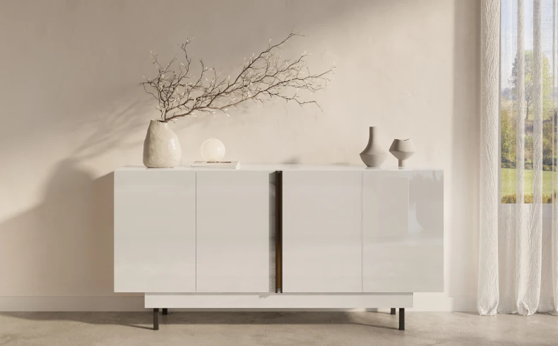 weiße Hochglanz Kommode mit Gold 163 cm
