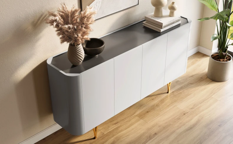 Design Kommode grau mit goldenen Füßen