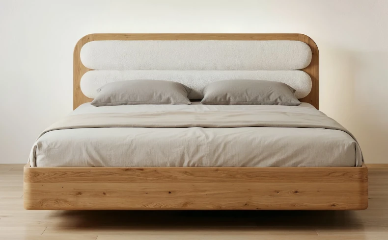 Schwebebett mit gepolstertem Bouclé-Kopfteil