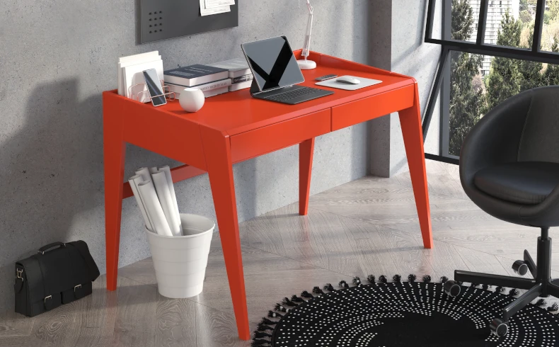 Schreibtisch orange mit Schubladen Holz