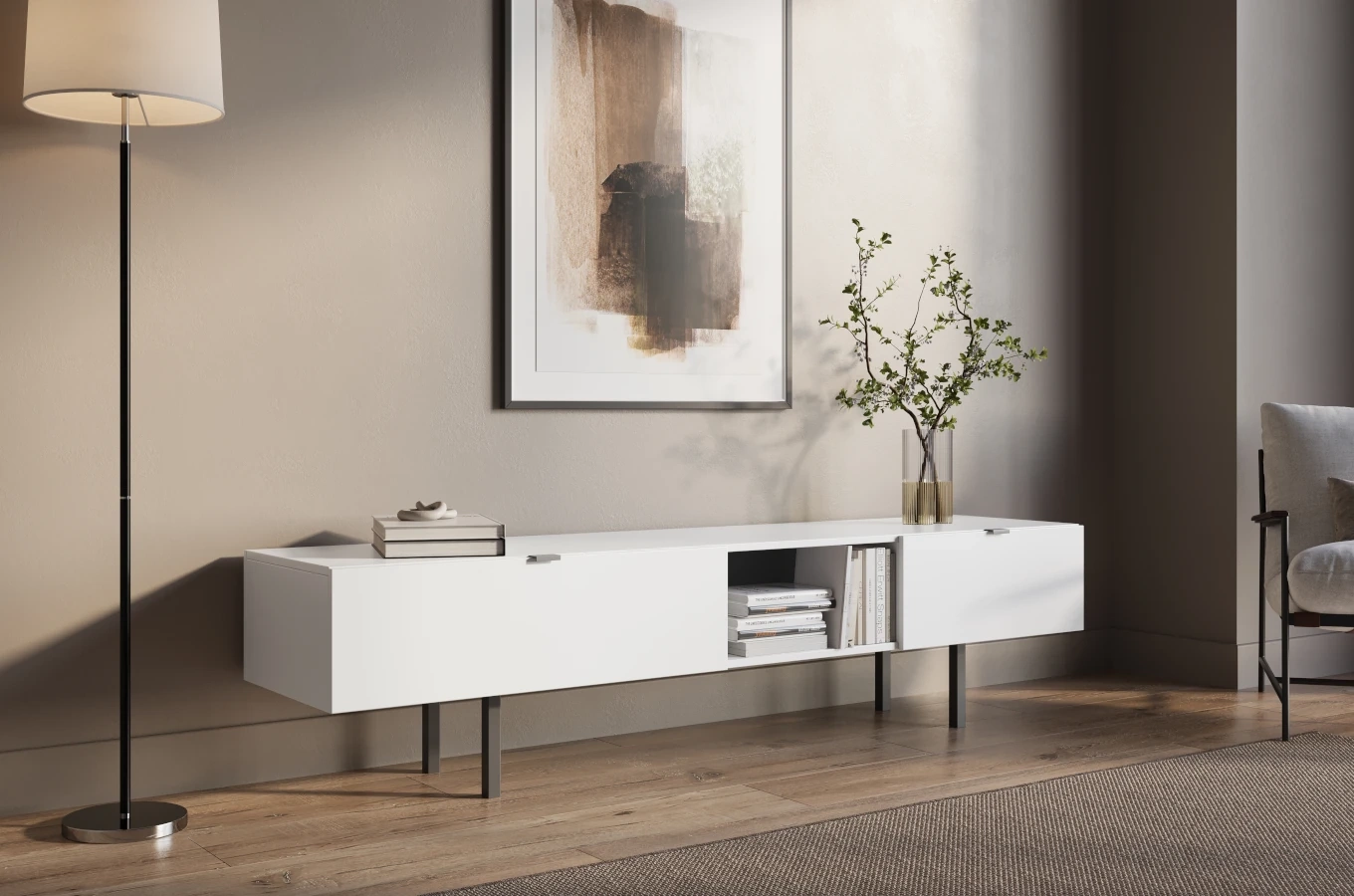 Skandica Myway Moderne TV-Schrank mit Schublade / Minimalistische TV-Schrank auf Metallbeinen / 180 Cm / Weiß