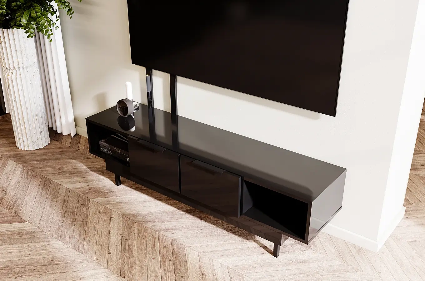 Dancan Artemisa Tv-Kommode Mit Goldenem Akzent / Hochglanz / 2 Schubladen / 2 Offenen Fächern / 163 Cm / Schwarz