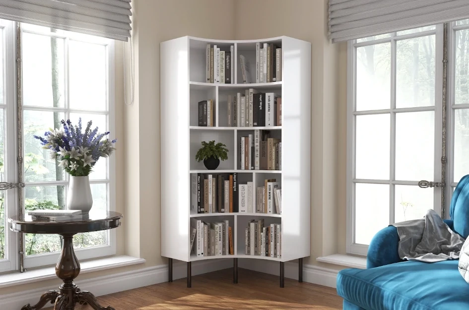 Skandica Horn Eckregal / Bücherregal / Hoches Regal In Bogenform / Mit Schwarzen Beinen / 10 Fächern / 80 Cm / Weiß