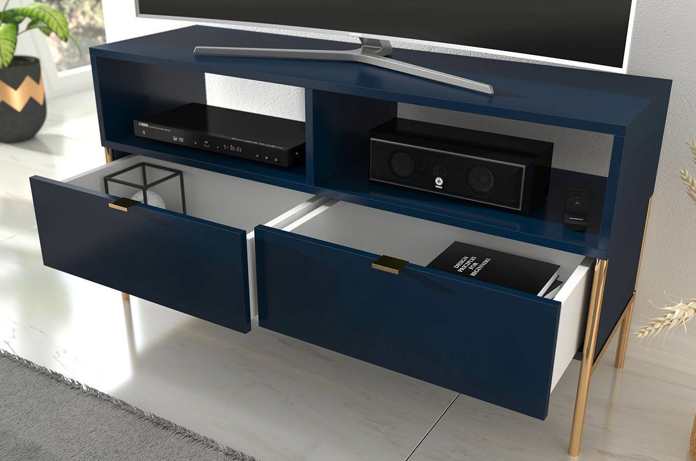 Skandica Polka Elegante Tv-Kommode Auf Goldenen Beinen / 2 Schubladen / 120 Cm / Marineblau