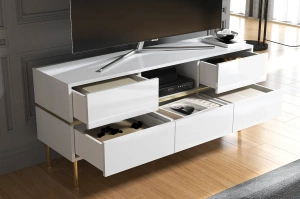 Dancan Marika Tv-Kommode Mit Goldenen Akcentem / Hochglanz / 5 Schubladen / 1 Offenem Fach / 137 Cm / Weiß