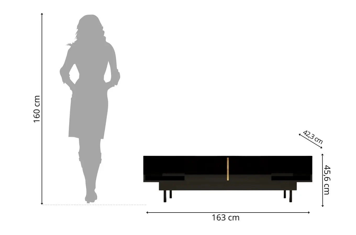 Dancan Artemisa Tv-Kommode Mit Goldenem Akzent / Hochglanz / 2 Schubladen / 2 Offenen Fächern / 163 Cm / Schwarz