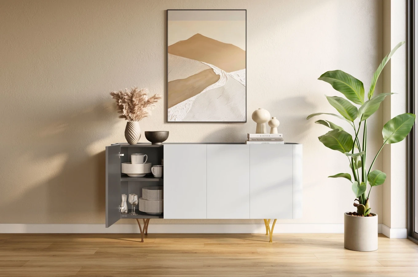 Moderne Kommode Dancan Monza / 160 cm / graue mit goldenen Beinen