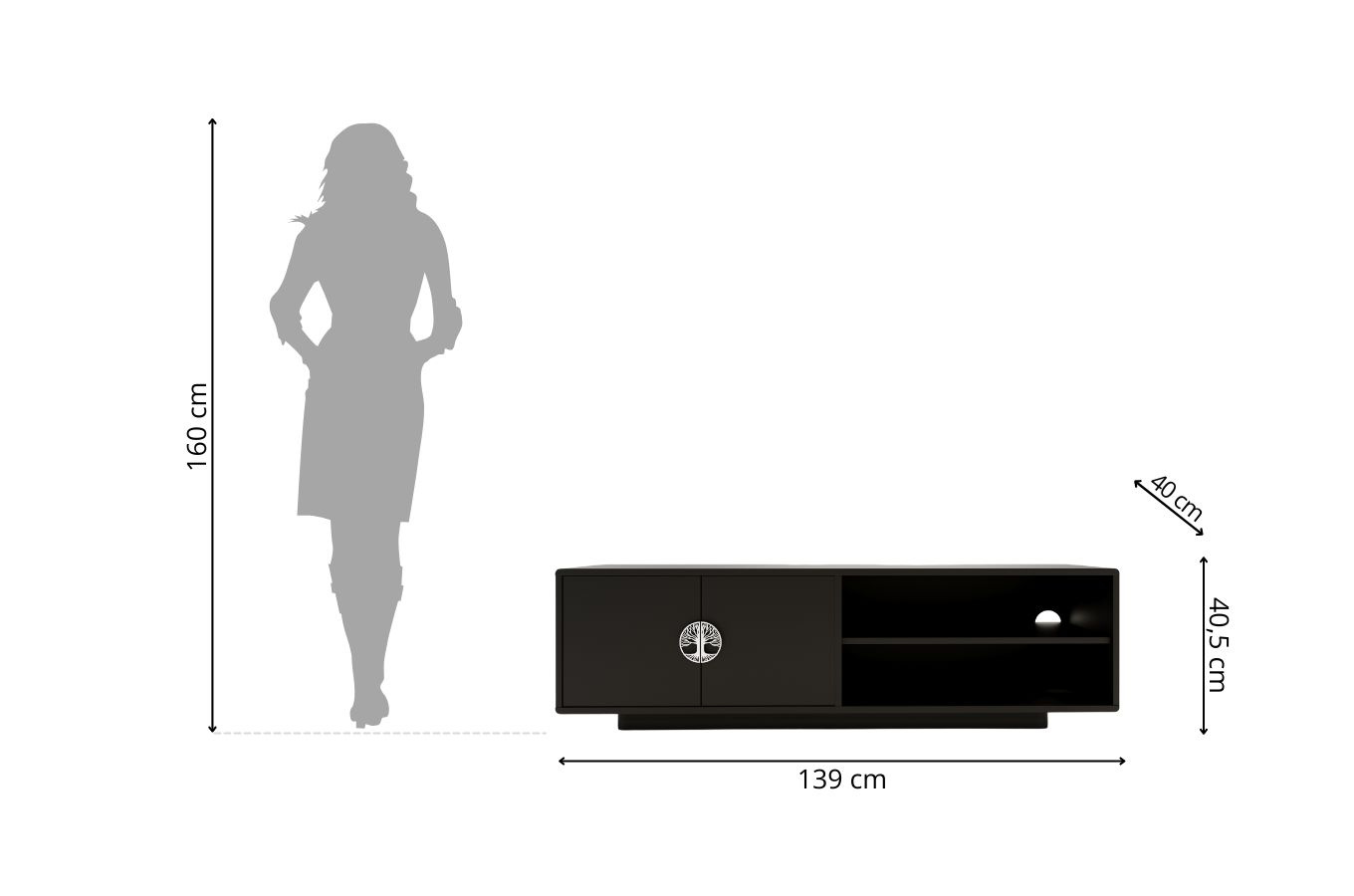 Dancan Lotta Tv-Schrank Mit Silbernen Griffen / Abgerundete Kanten / 139 Cm / Schwarz