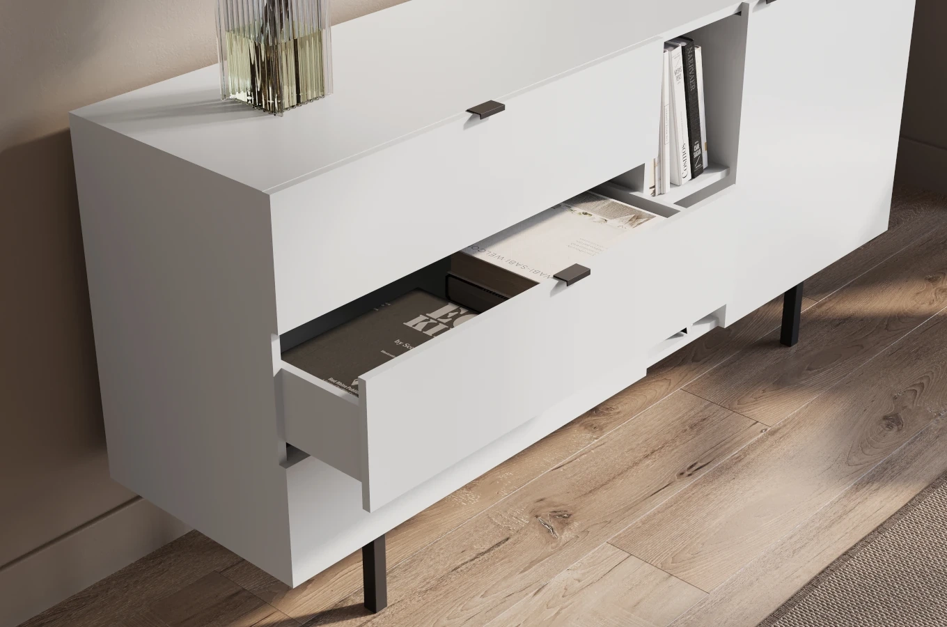 Skandica Myway Moderne Kommode mit Schubladen / Minimalistische Kommode auf Metallbeinen / 160 Cm / Weiß