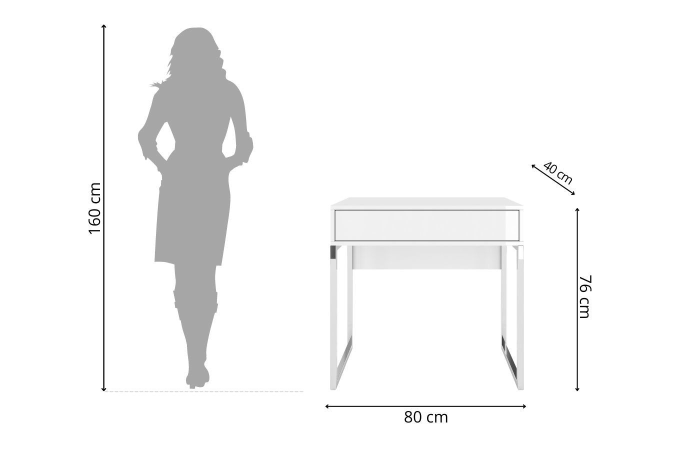 Dancan Eva Moderne Schminktisch / Kosmetiktisch / Schreibtisch Auf Silbernen Beinen / Hochglanz / 1 Schublade / 80 Cm / Weiß