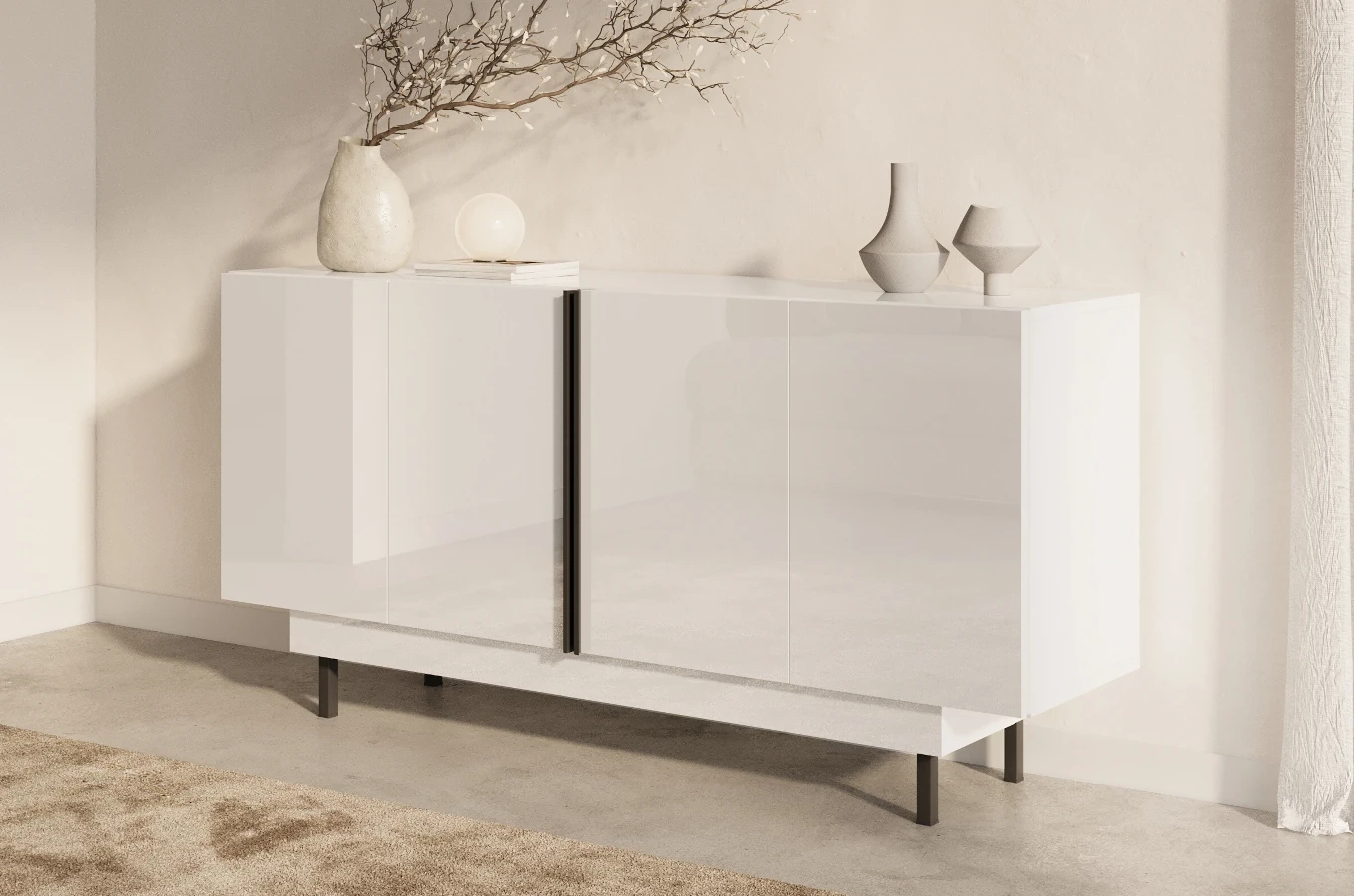 Dancan Artemisa Kommode Mit Goldenem Akzent / Hochglanz / 4 Türen / 163 Cm / Weiß
