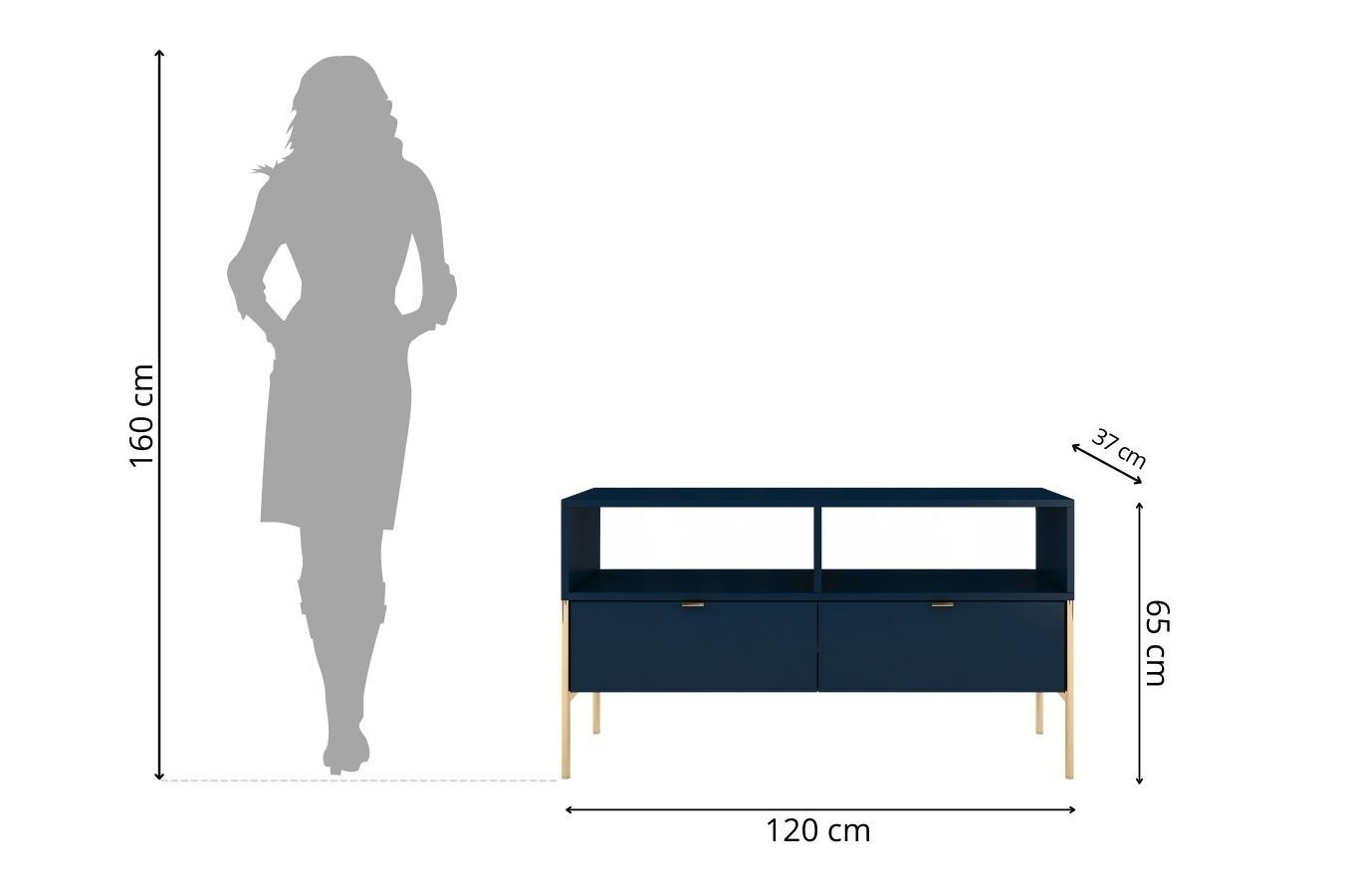 Skandica Polka Elegante Tv-Kommode Auf Goldenen Beinen / 2 Schubladen / 120 Cm / Marineblau