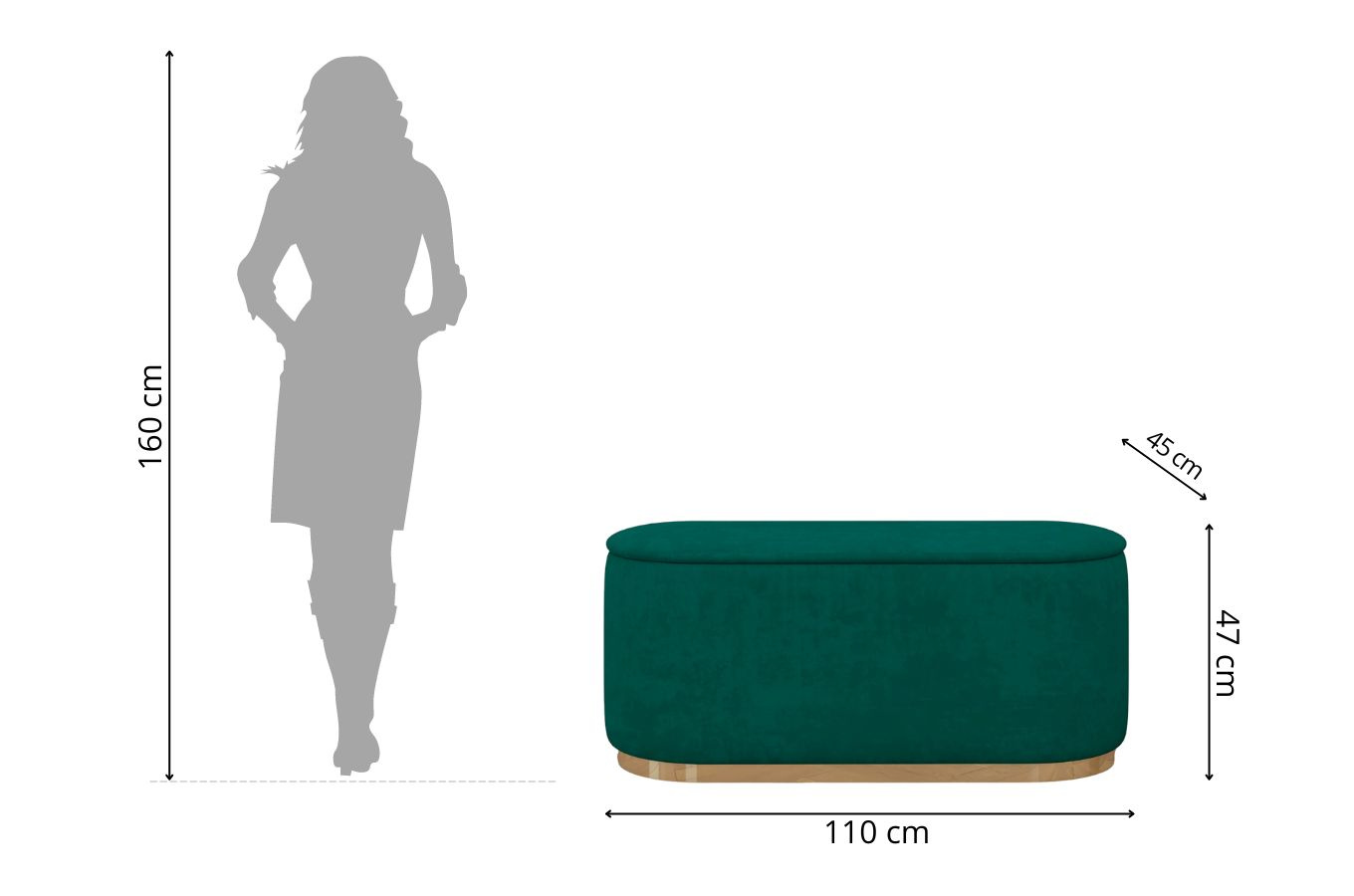 Dancan Scarlett ovaler pouf mit Stauraum / Sitzpuff mit Samtstoff bezogen / 110 Cm / Grün