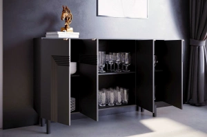 Dancan Yoko Kommode / Tv Schrank / Mit Dekorativen Fronten Und Goldgriffen / 4 Türen / 156 Cm / Schwarz