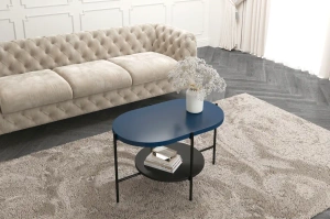 Dancan Arena Moderner Couchtisch mit 2 Ablagen / Oval + Rund / 80 x 50 x 50 Cm / mit Schwarz Metallgestell / Marineblau / Schwarz
