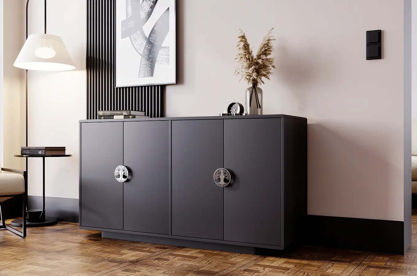 Dancan Lotta Kommode Mit Silbernen Griffen / Abgerundete Kanten / 139 Cm / Schwarz
