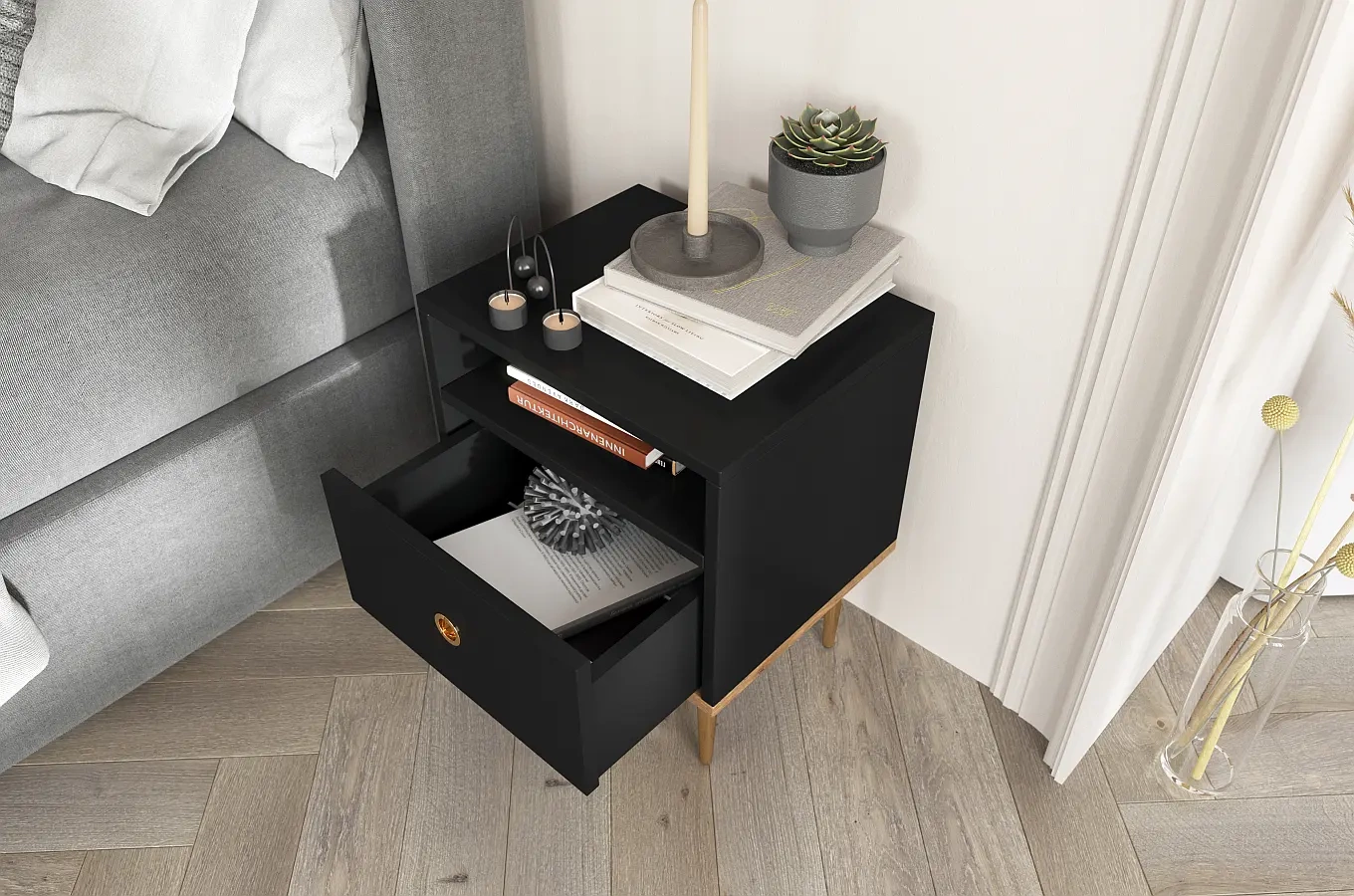 Skandica Harmoni Nachttisch Mit Goldenen Details / 1 Schublade / 1 Offenes Fach / 44 Cm / Eiche / Schwarz