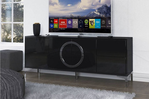 Dancan Eva Moderne Tv-Schrank Mit Silbernen Akzenten / Hochglanz / 4 Schubladen / 150 Cm / Schwarz