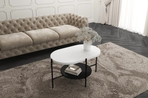 Dancan Arena Moderner Couchtisch mit 2 Ablagen / Oval + Rund / 80 x 50 x 50 Cm / mit Schwarz Metallgestell / Weiß / Schwarz