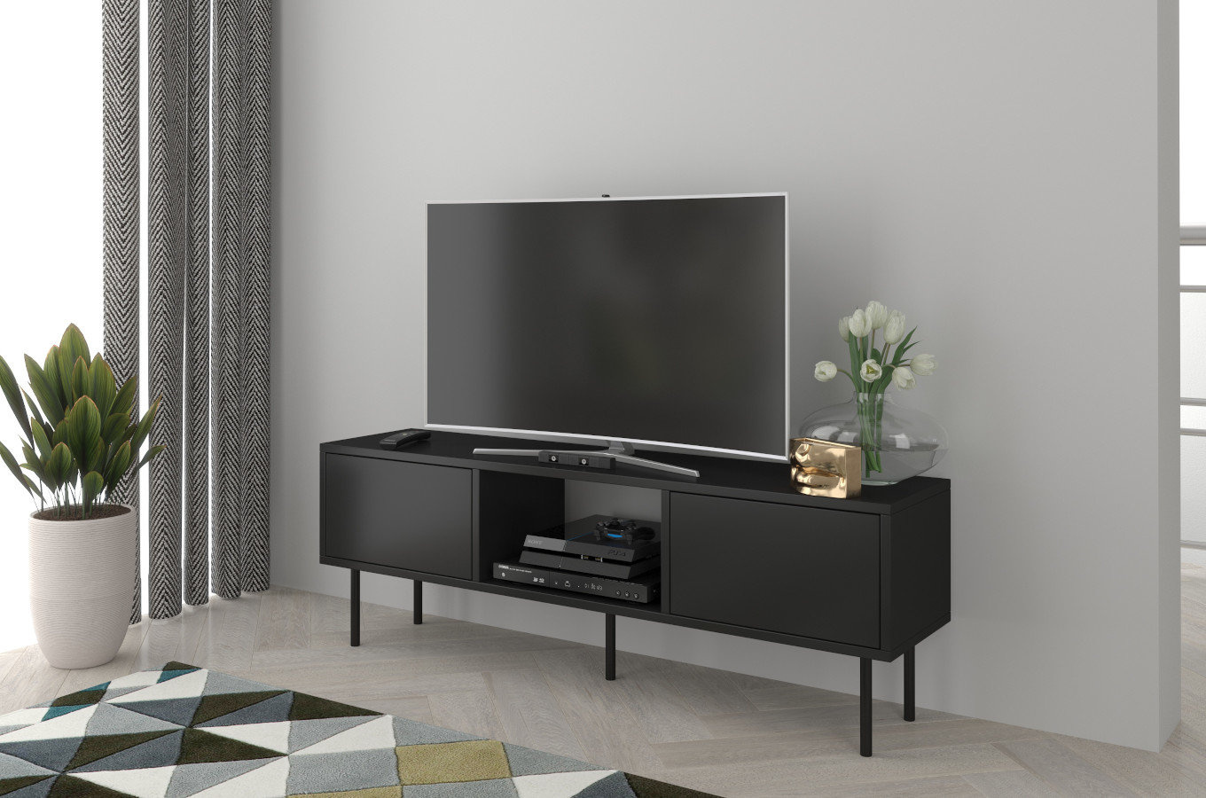 Dancan Mirka Minimalistische Tv-Schrank Auf Metallbeinen / 130 Cm / Schwarz