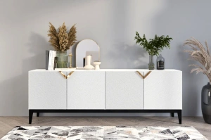 Holzkommode Visby Demi Long / 201,5 Cm / Weiß + schwarze Beine