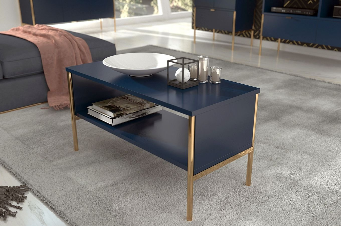 Skandica Polka Eleganter Couchtisch Auf Goldenen Beinen / 2 Ablagen / 80 Cm / Marineblau