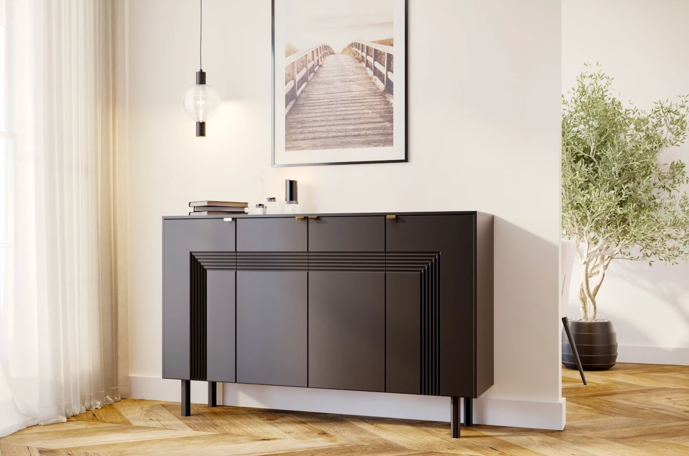 Dancan Yoko Kommode / Tv Schrank / Mit Dekorativen Fronten Und Goldgriffen / 4 Türen / 156 Cm / Schwarz