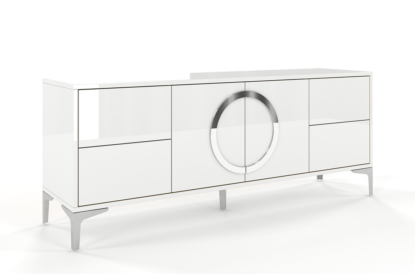 Dancan Eva Moderne Tv-Schrank Mit Silbernen Akzenten / Hochglanz / 4 Schubladen / 150 Cm / Weiß