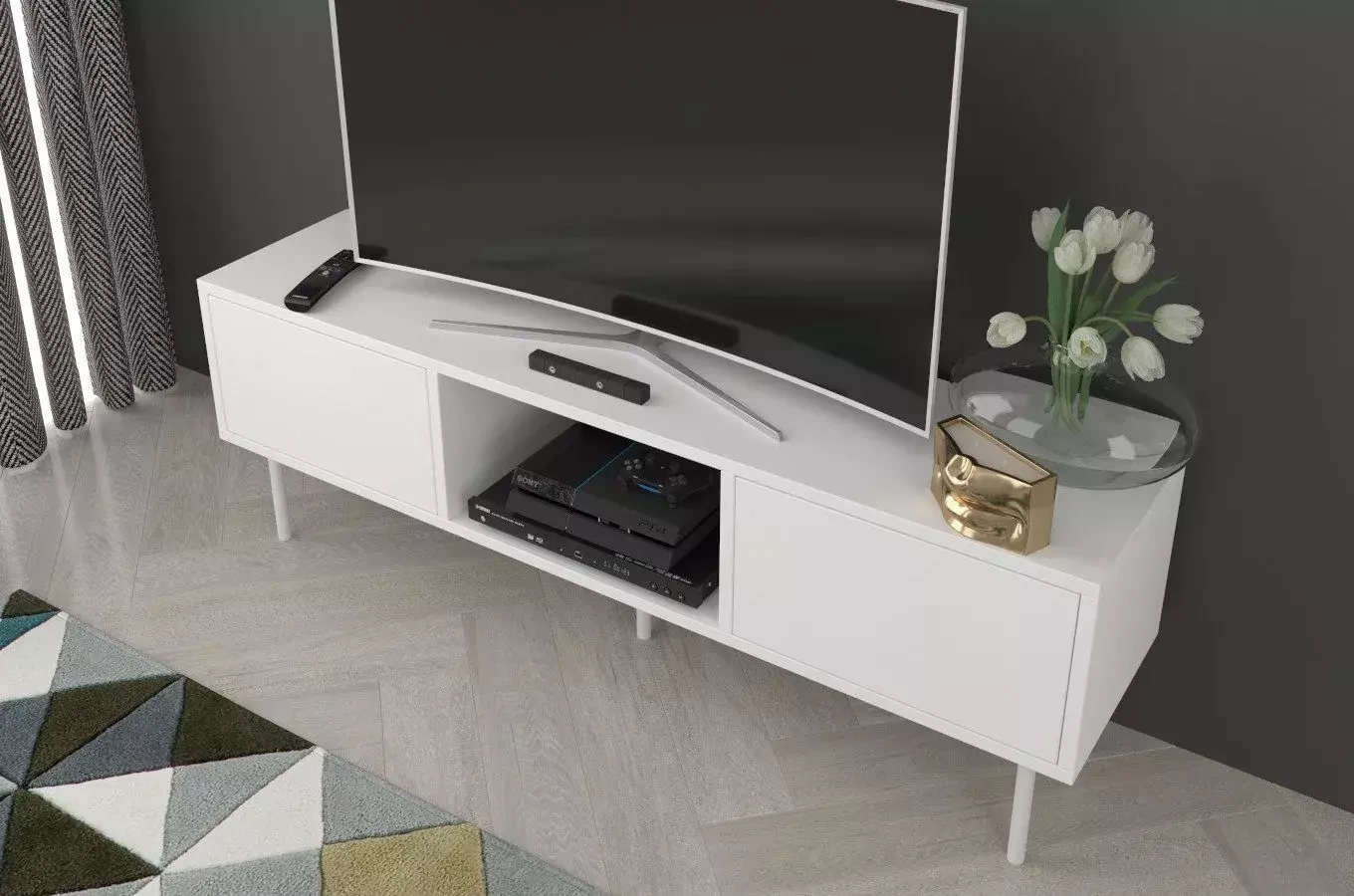 Dancan Mirka Minimalistische Tv-Schrank Auf Metallbeinen / 130 Cm / Weiß