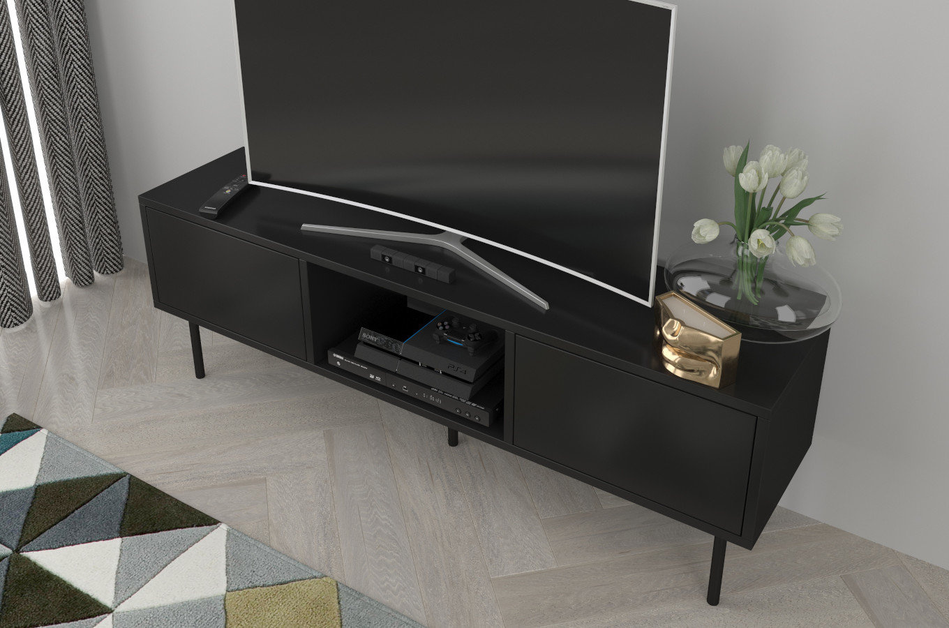 Dancan Mirka Minimalistische Tv-Schrank Auf Metallbeinen / 130 Cm / Schwarz