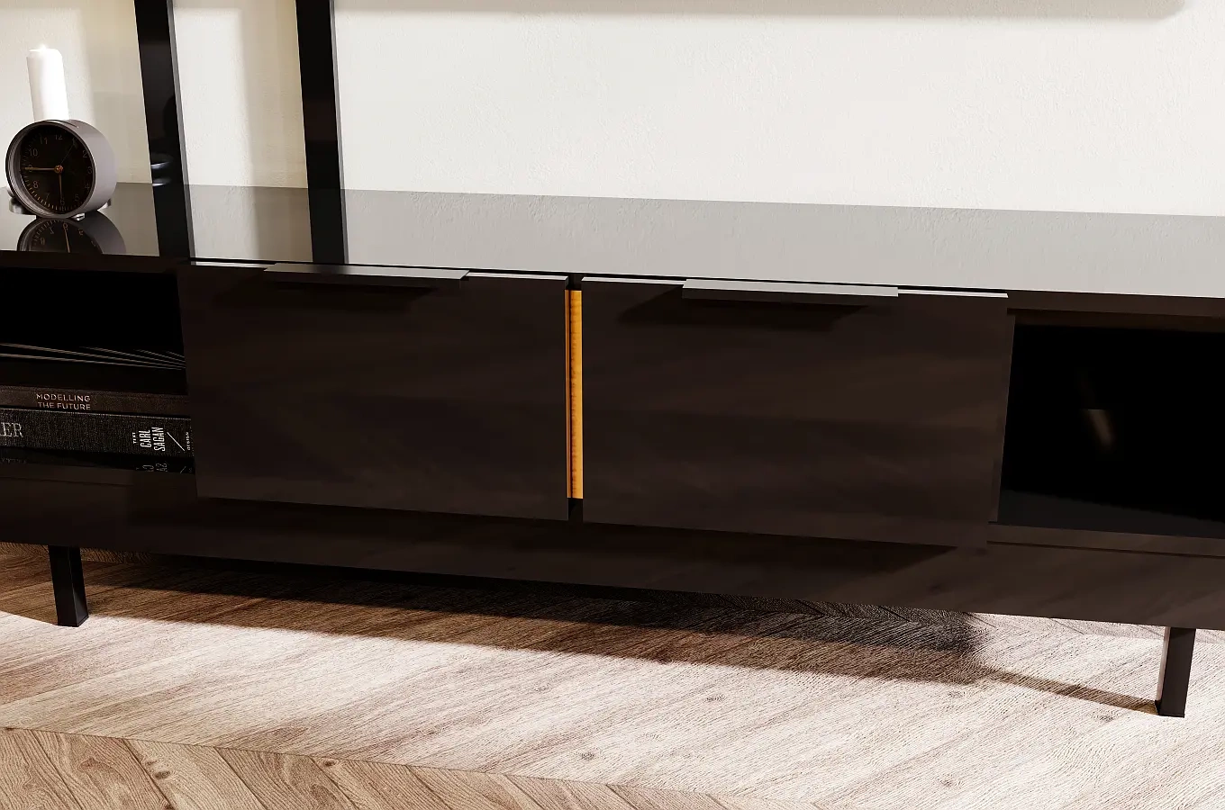 Dancan Artemisa Tv-Kommode Mit Goldenem Akzent / Hochglanz / 2 Schubladen / 2 Offenen Fächern / 163 Cm / Schwarz