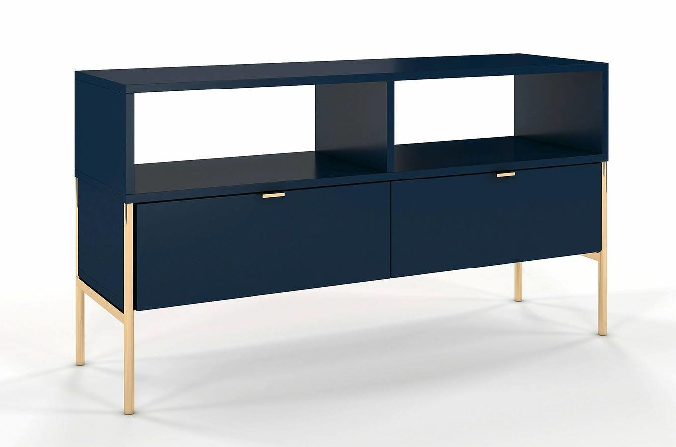 Skandica Polka Elegante Tv-Kommode Auf Goldenen Beinen / 2 Schubladen / 120 Cm / Marineblau