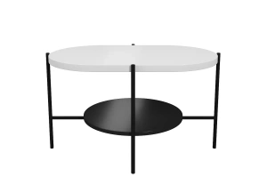 Dancan Arena Moderner Couchtisch mit 2 Ablagen / Oval + Rund / 80 x 50 x 50 Cm / mit Schwarz Metallgestell / Weiß / Schwarz