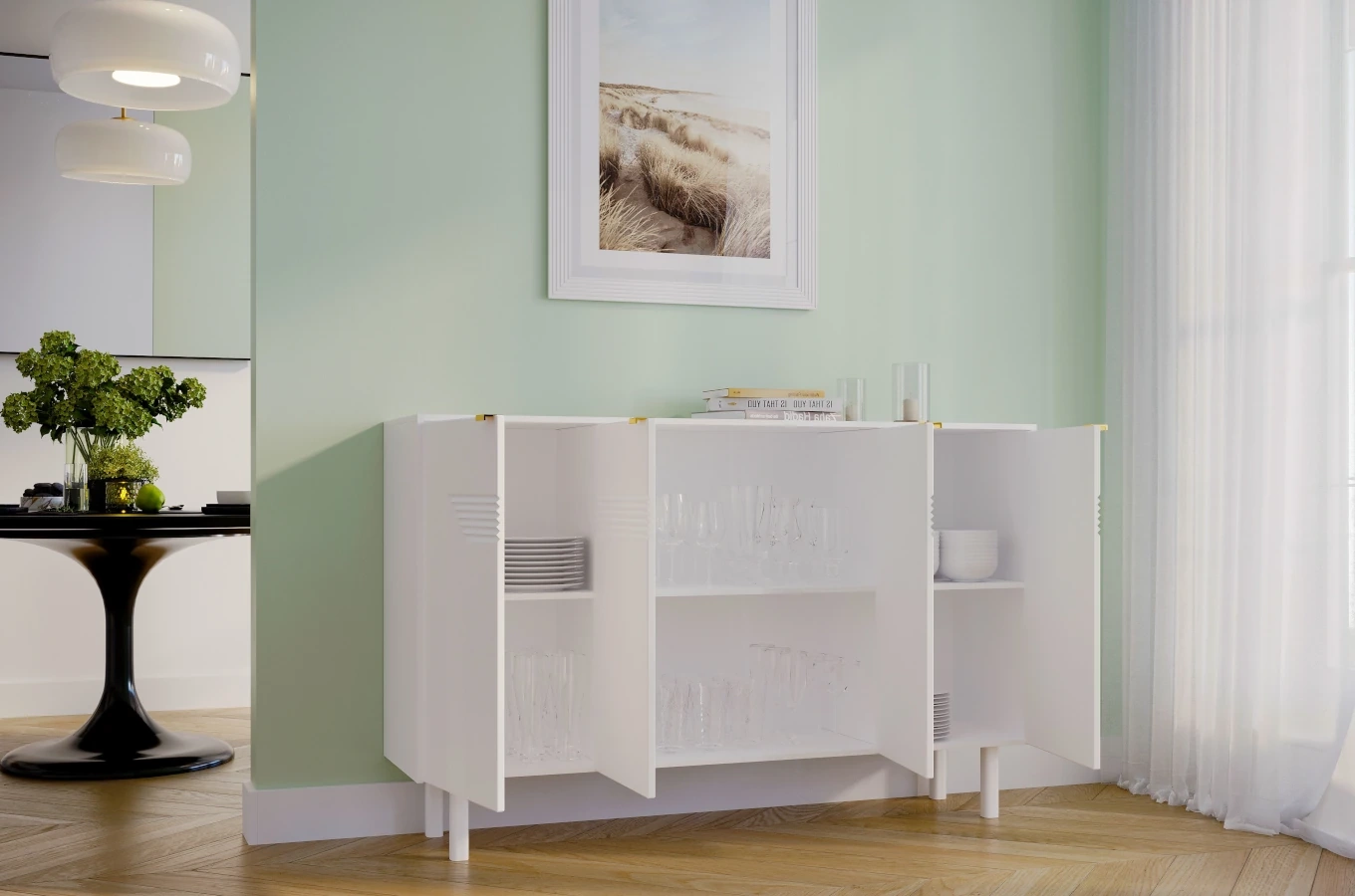 Dancan Yoko Kommode / Tv Schrank / Mit Dekorativen Fronten Und Goldgriffen / 4 Türen / 156 Cm / Weiß