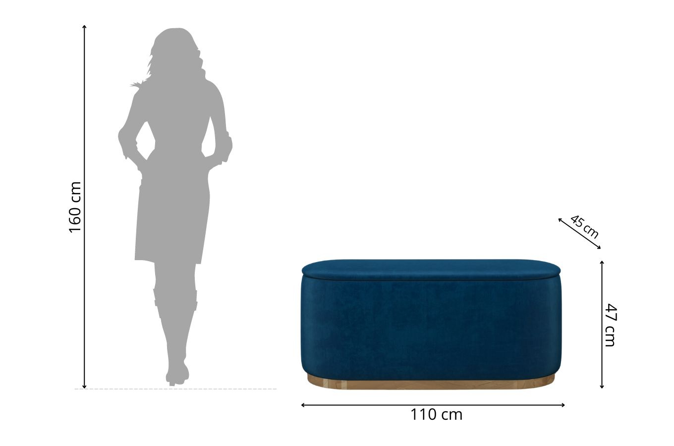 Dancan Scarlett ovaler pouf mit Stauraum / Sitzpuff mit Samtstoff bezogen / 110 Cm / Marineblau
