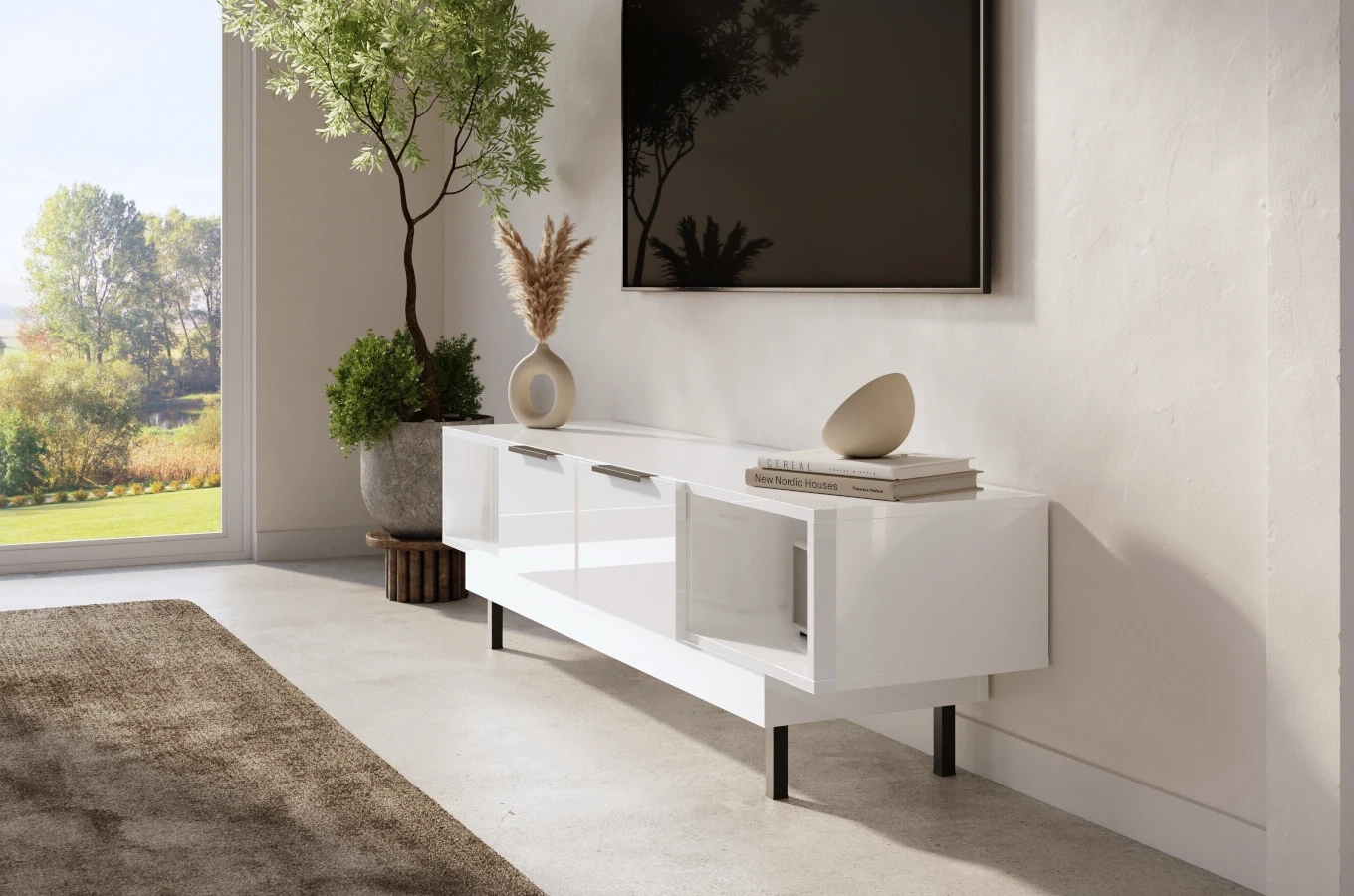Dancan Artemisa Tv-Kommode Mit Goldenem Akzent / Hochglanz / 2 Schubladen / 2 Offenen Fächern / 163 Cm / Weiß