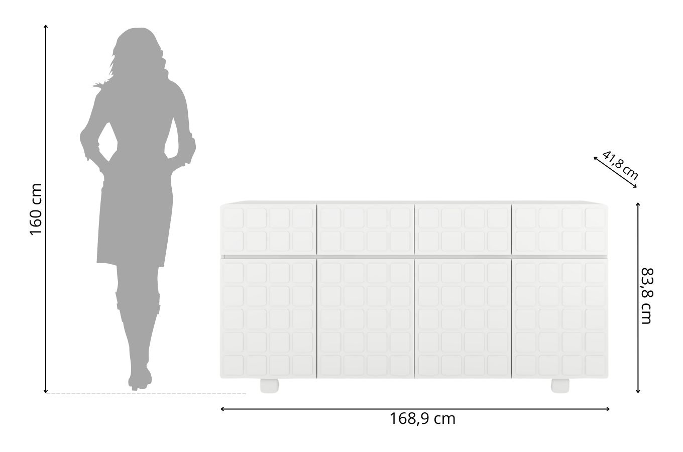 Skandica Cubo Long Kommode 3D mit dekorierter Front / 4 Schubladen / 4 Türen / 169 Cm / Weiß