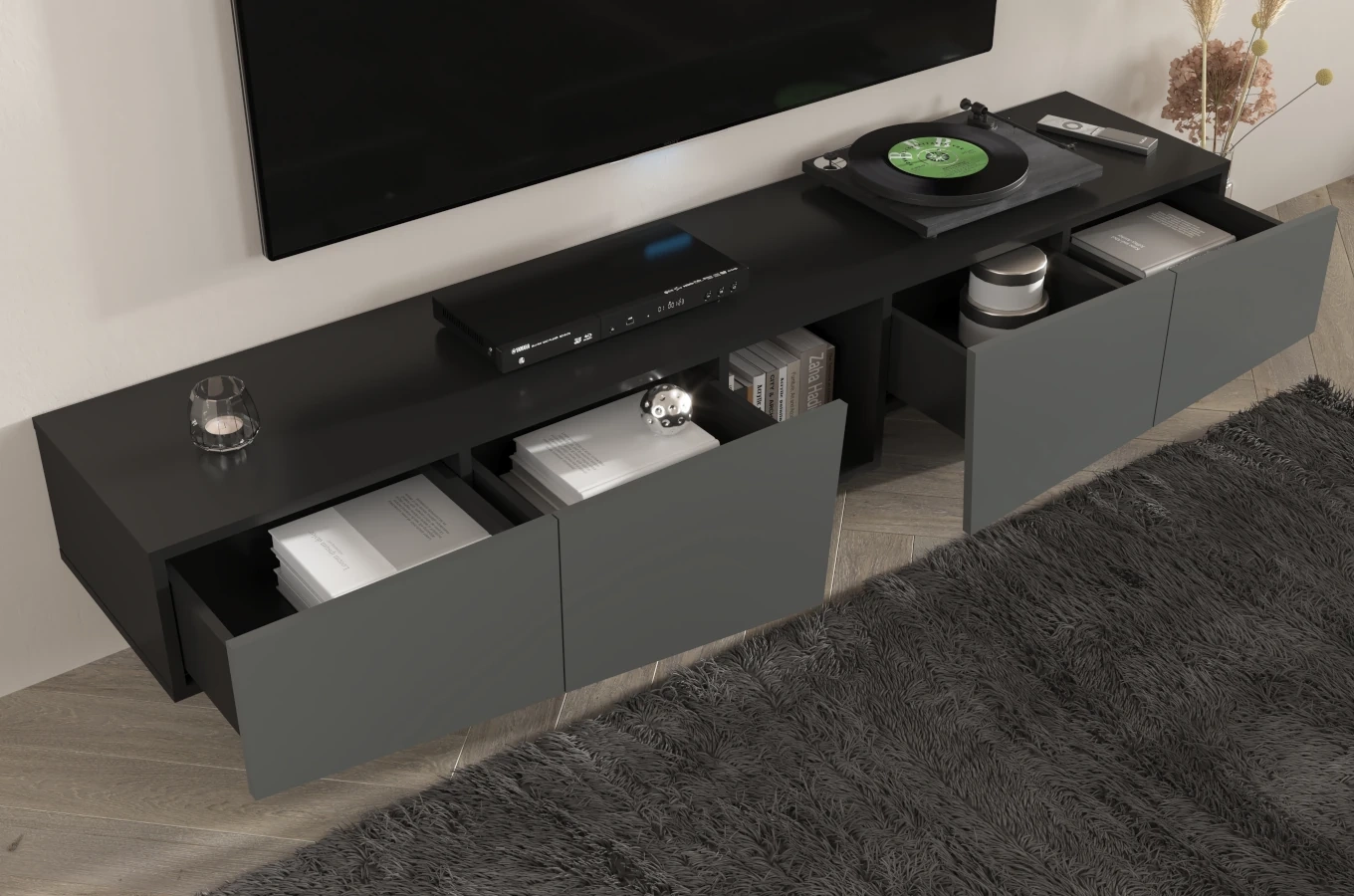 Skandica Wing Moderne TV-Schrank mit Schubladen / Asymmetrische Fronten / 200 Cm / Schwarz-Grau