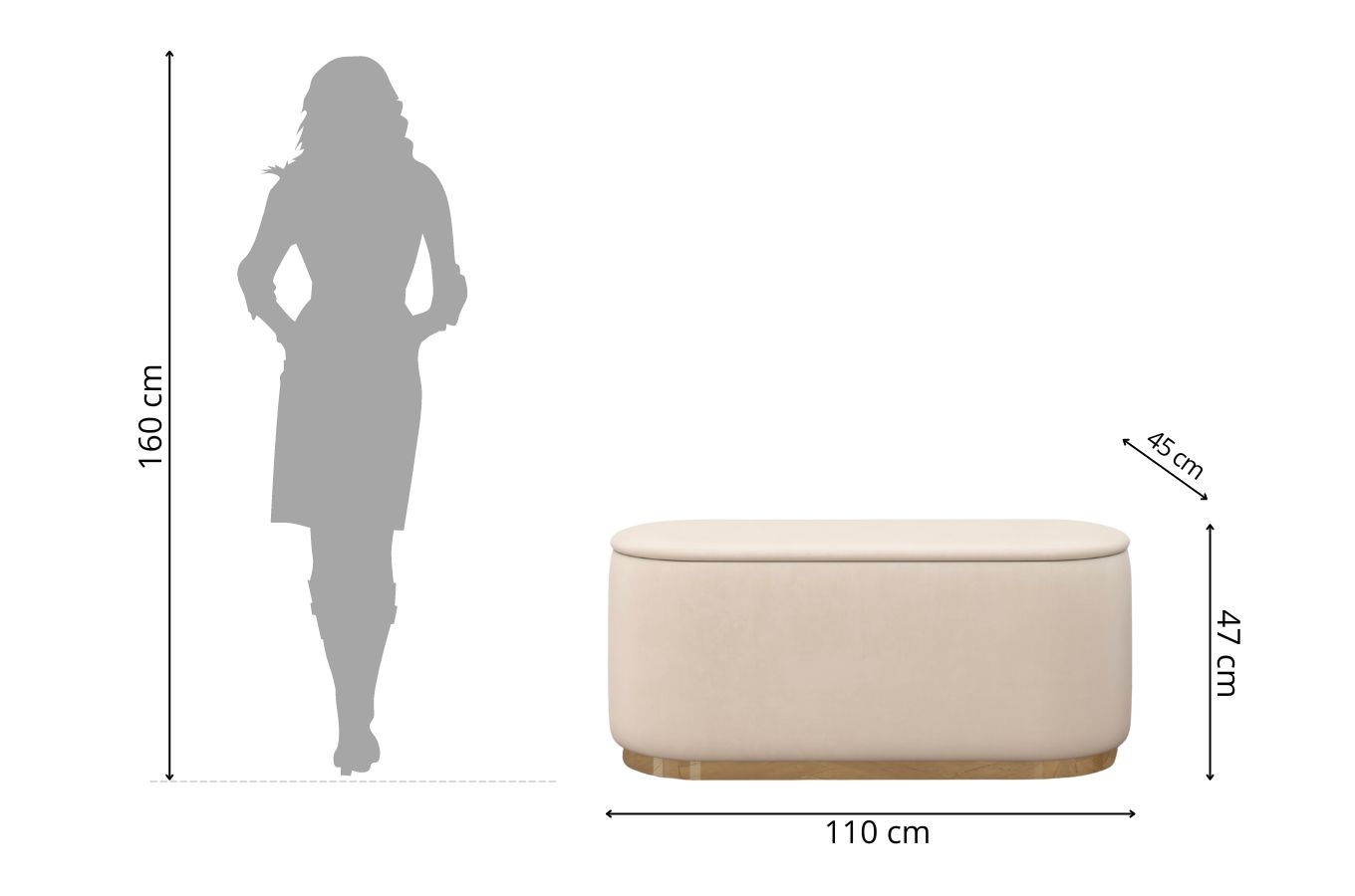Dancan Scarlett ovaler pouf mit Stauraum / Sitzpuff mit Samtstoff bezogen / 110 Cm / Beige