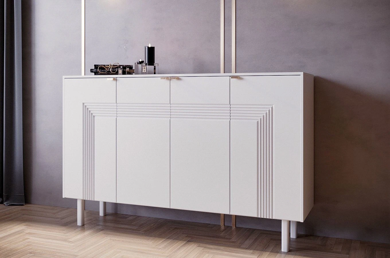 Dancan Yoko Kommode / Tv Schrank / Mit Dekorativen Fronten Und Goldgriffen / 4 Türen / 156 Cm / Weiß