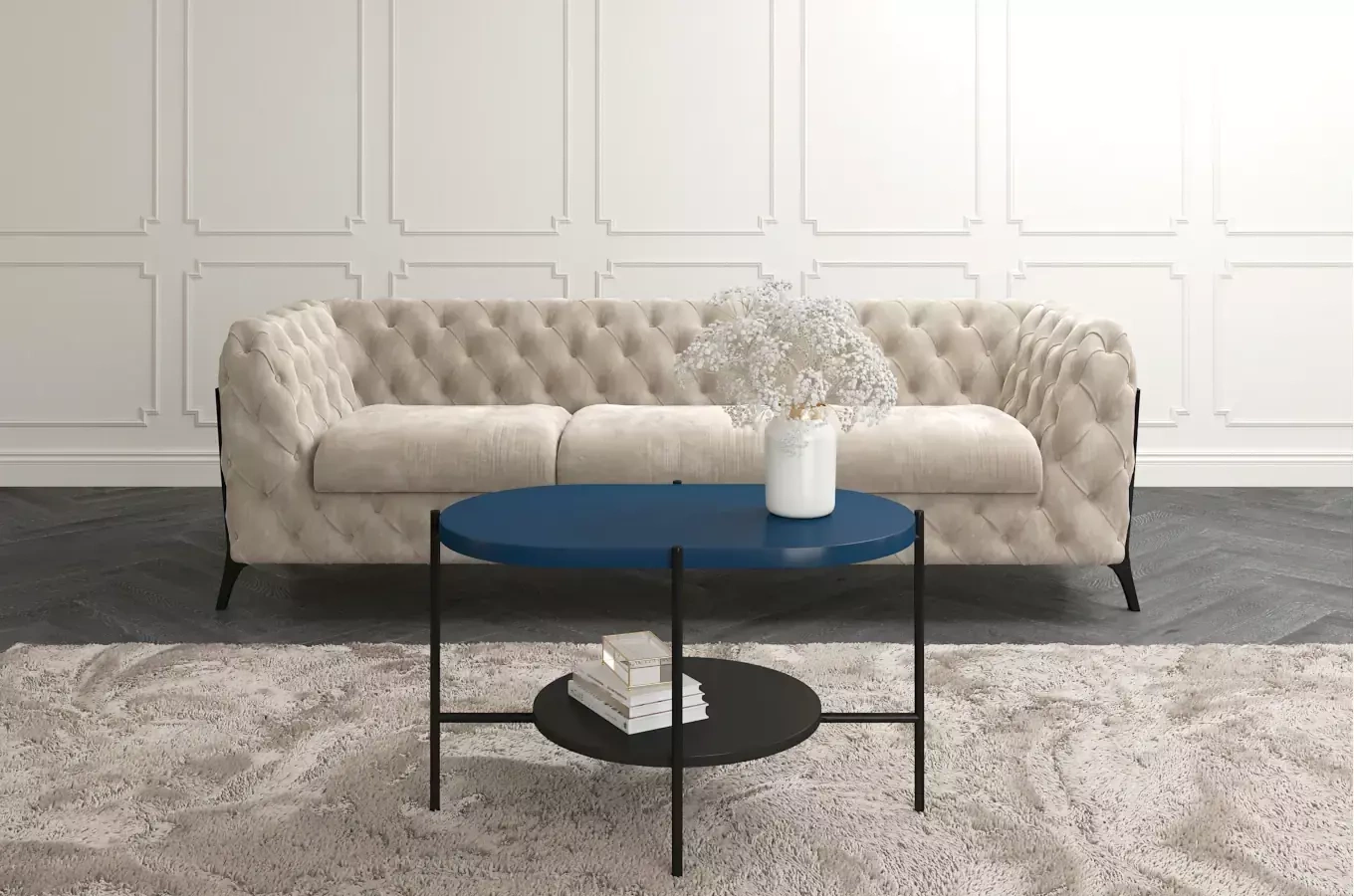 Dancan Arena Moderner Couchtisch mit 2 Ablagen / Oval + Rund / 80 x 50 x 50 Cm / mit Schwarz Metallgestell / Marineblau / Schwarz