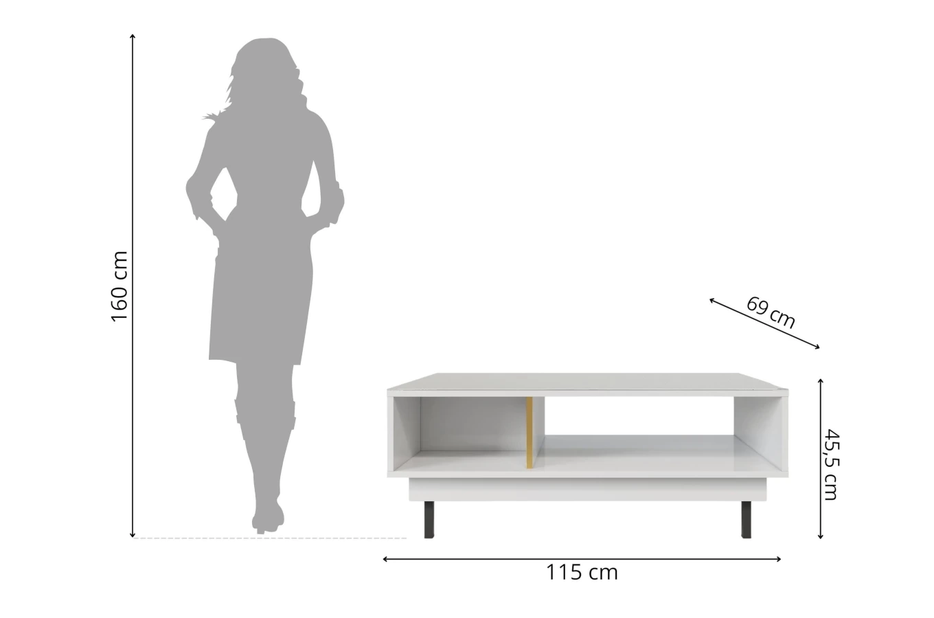 Dancan Artemisa Couchtisch Mit Goldenem Akzent / Hochglanz / 3 Fächern / 115 Cm / Weiß