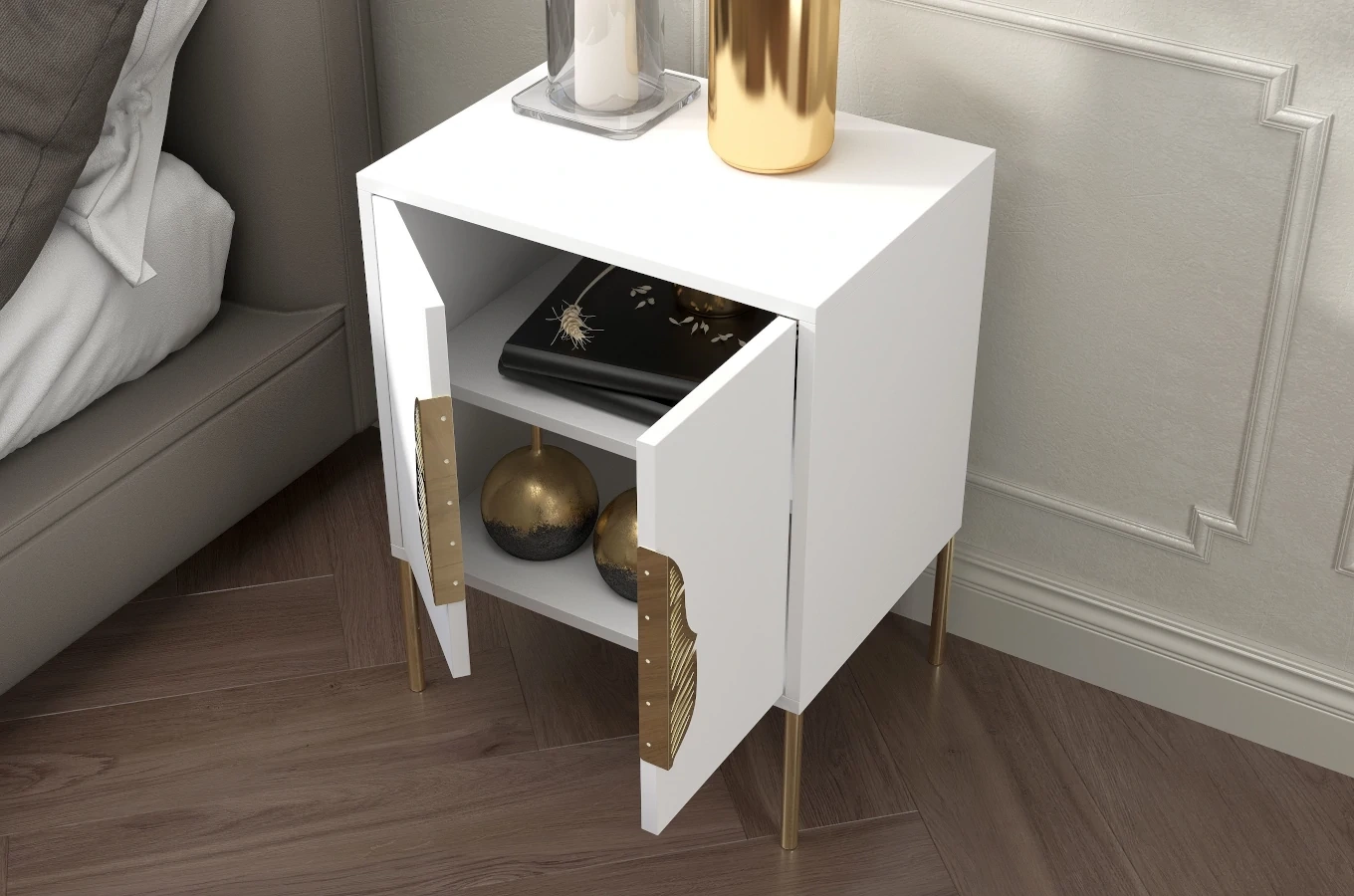 Skandica Merlin Nachttisch, Beistelltisch Mit Goldenen Details / 54 Cm / Weiß