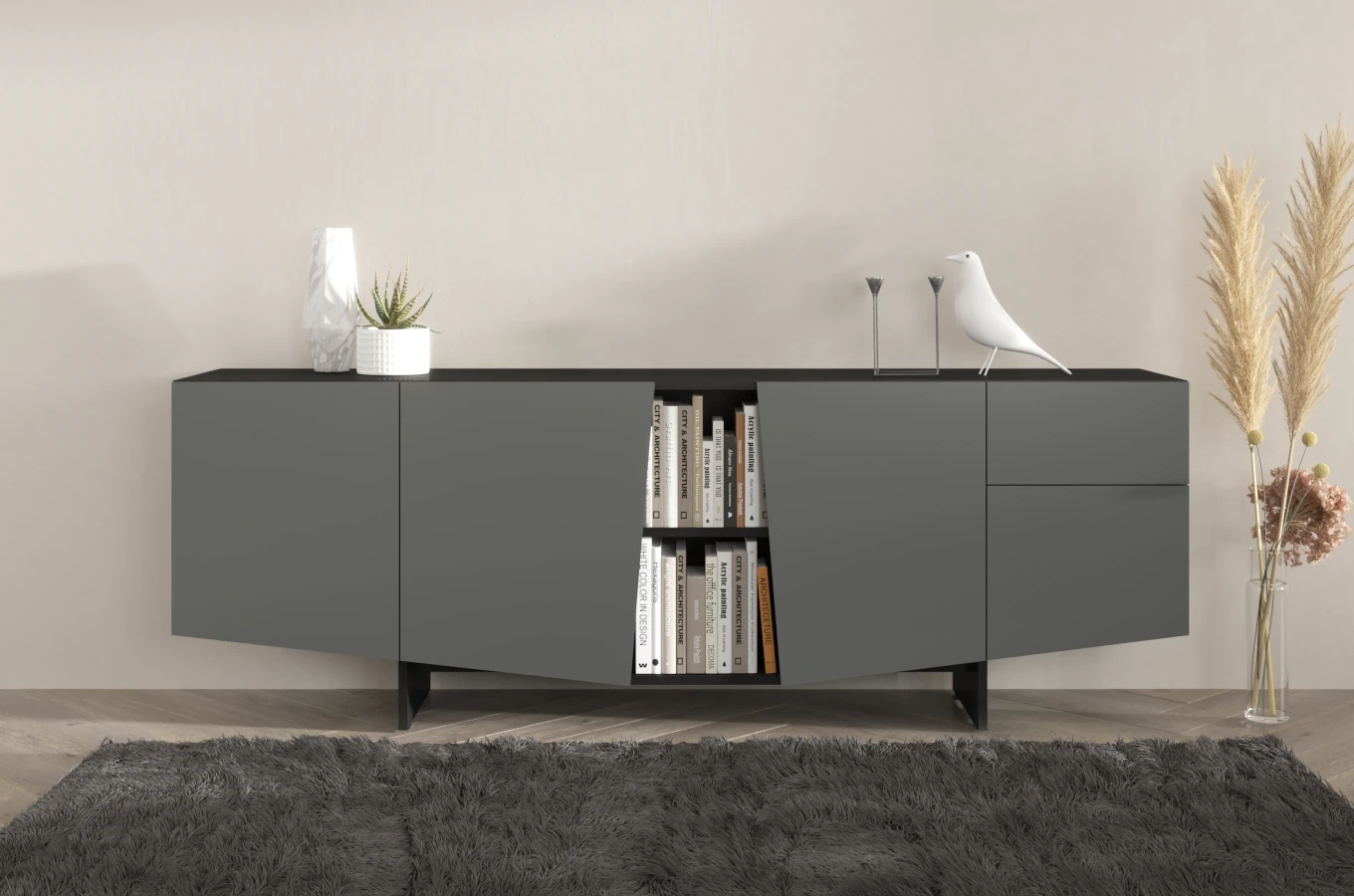 Skandica Wing Moderne Kommode mit Schubladen / Asymmetrische Fronten / 200 Cm / Schwarz-Grau