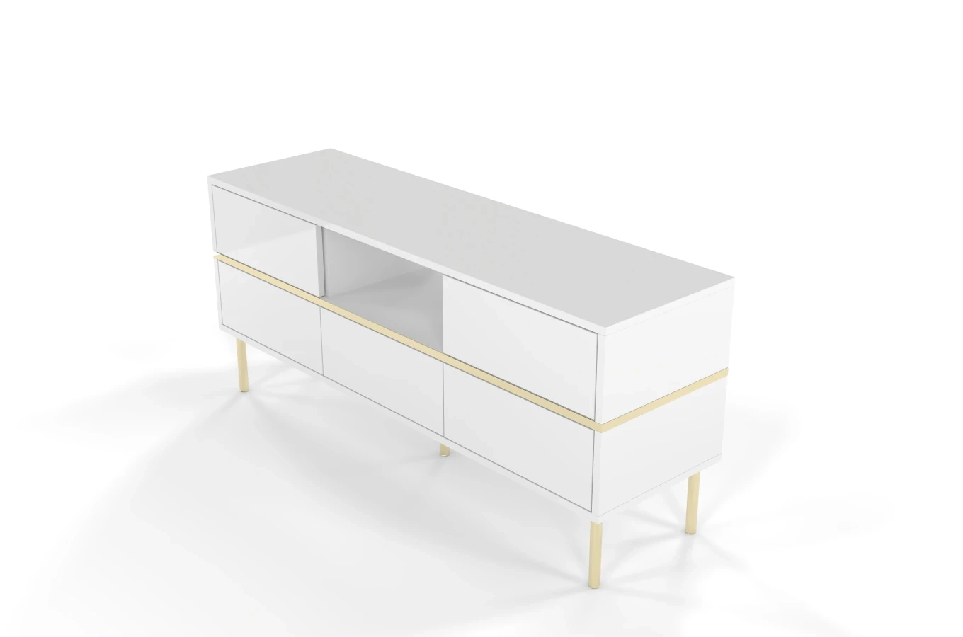 Dancan Marika Tv-Kommode Mit Goldenen Akcentem / Hochglanz / 5 Schubladen / 1 Offenem Fach / 137 Cm / Weiß