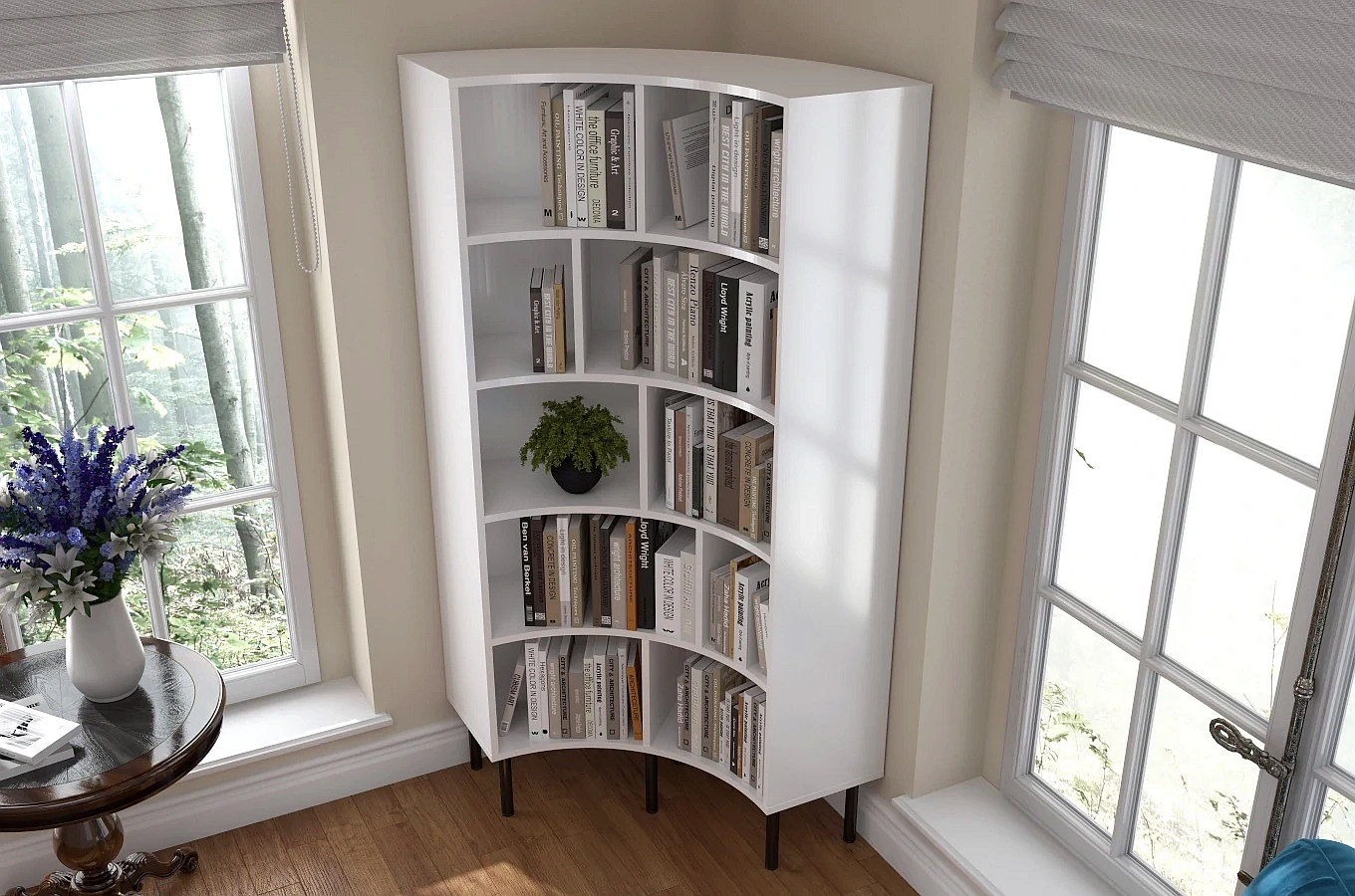 Skandica Horn Eckregal / Bücherregal / Hoches Regal In Bogenform / Mit Schwarzen Beinen / 10 Fächern / 80 Cm / Weiß