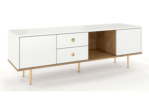 Skandica Harmoni TV-SCHRANK / Kommode Mit Goldenen Details / 2 Türen / 2 Schubladen / 1 Offenes Fach / 160 Cm / Eiche / Weiß