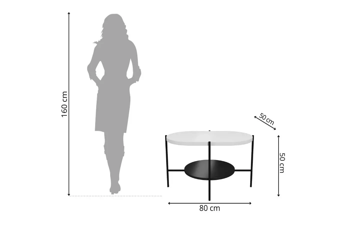 Dancan Arena Moderner Couchtisch mit 2 Ablagen / Oval + Rund / 80 x 50 x 50 Cm / mit Schwarz Metallgestell / Weiß / Schwarz