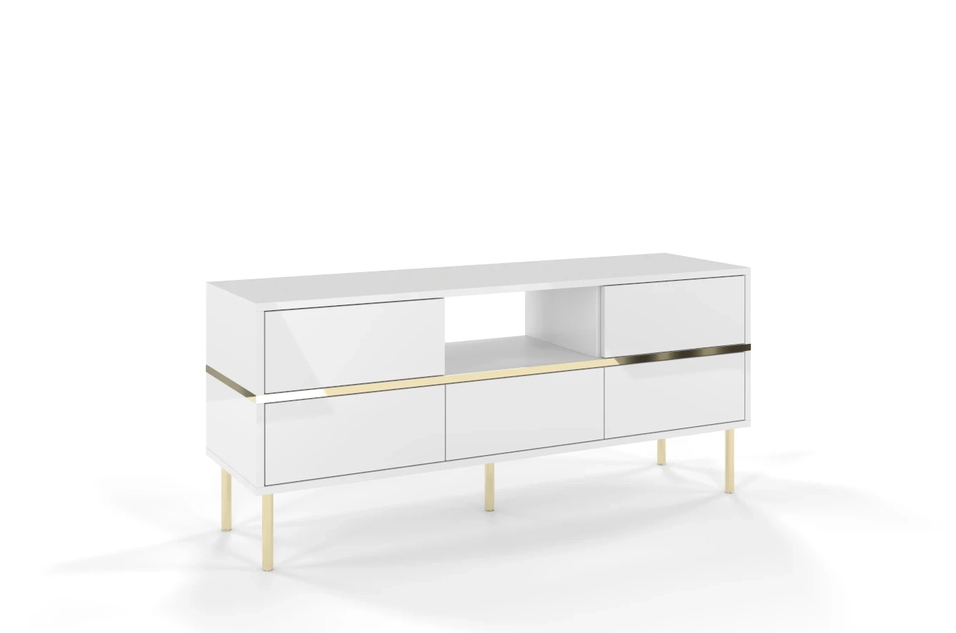 Dancan Marika Tv-Kommode Mit Goldenen Akcentem / Hochglanz / 5 Schubladen / 1 Offenem Fach / 137 Cm / Weiß
