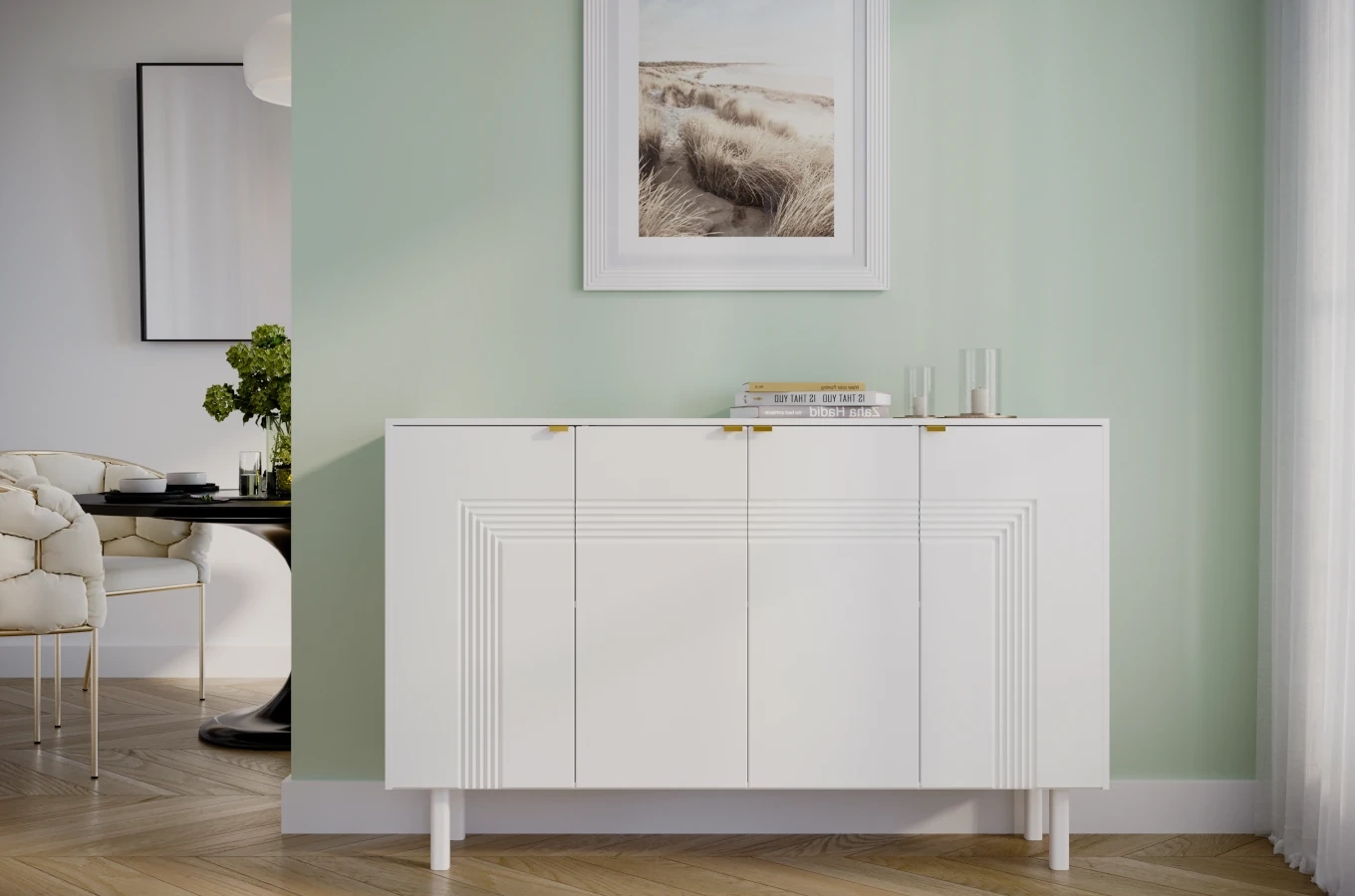 Dancan Yoko Kommode / Tv Schrank / Mit Dekorativen Fronten Und Goldgriffen / 4 Türen / 156 Cm / Weiß